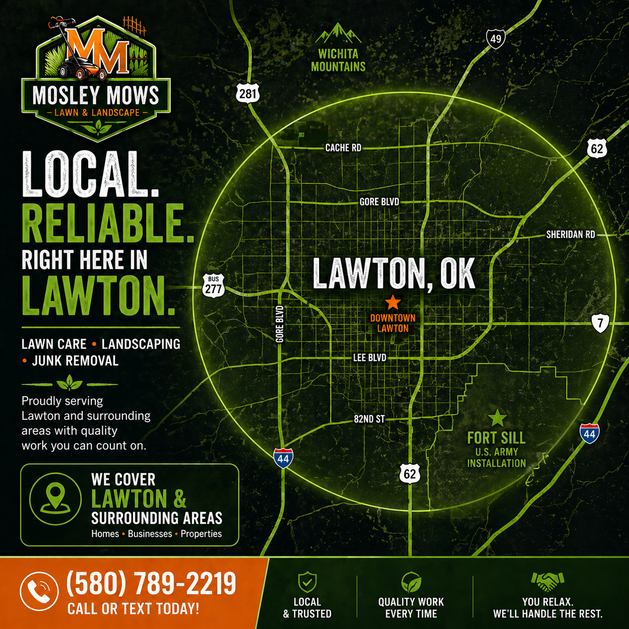 Mosley Mows service area map for Lawton, Oklahoma